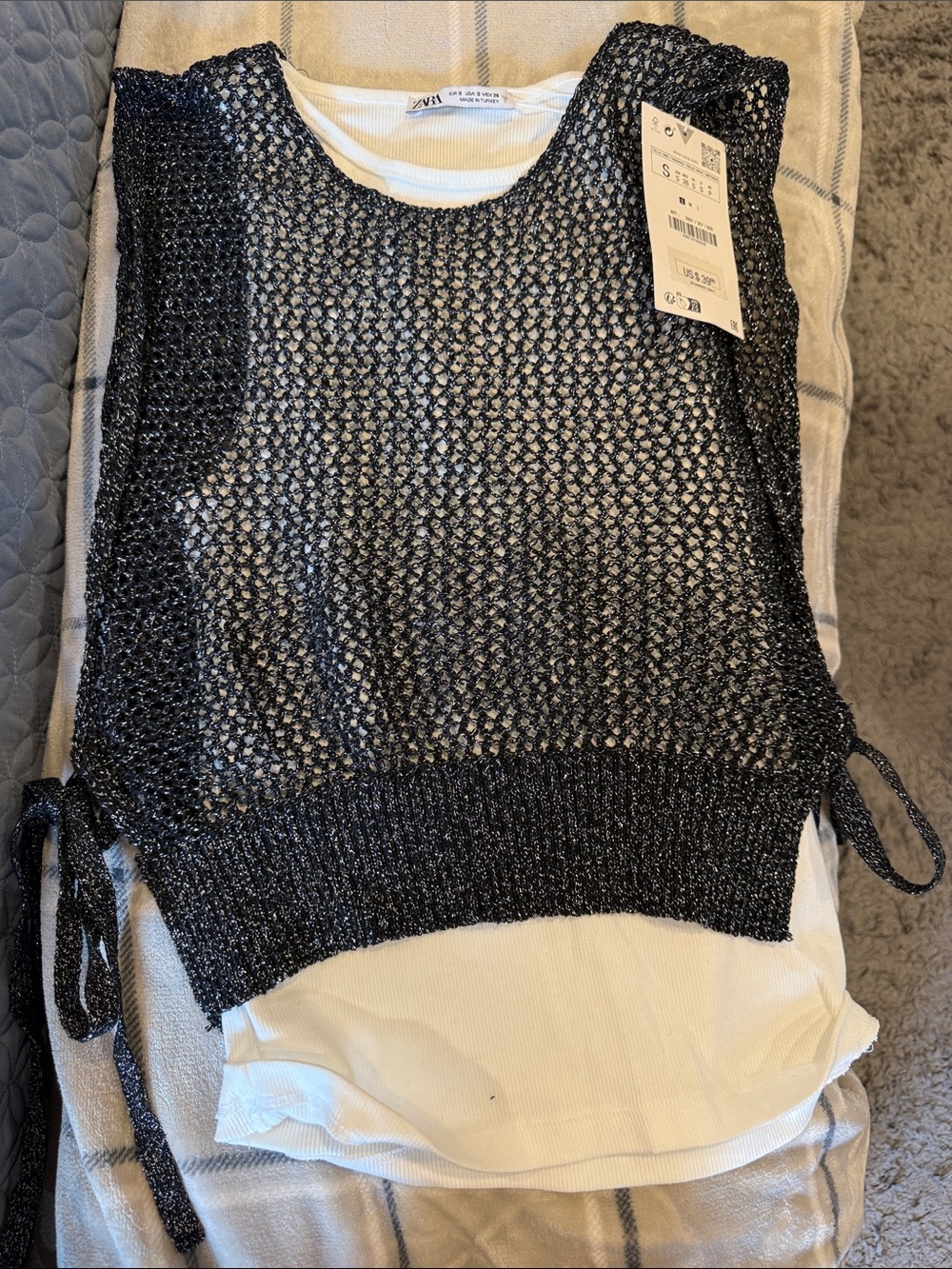 Zara Black Metallic Open-Knit Tank with Side Ties